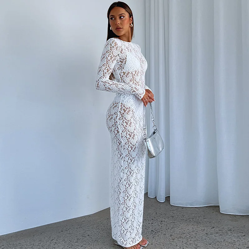 Lace See-Through Printed Long Dress Female Hollow Out Slim High Waist Solid Dress Sexy Club Clothes Ladies Maxi Dress 2025