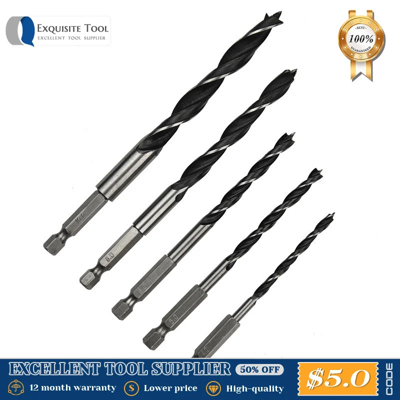 5pcs 1/4 4/5/6/8 10mm Hexagonal Handle Three Pointed Woodworki Drill Bit Set Woodworking Hole Reaming Power Tool 6pcs set 10 25mm woodworking three point flat bit drill titanium plated hexagonal shank drill bit woodworking opening tool