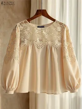 ZANZEA Elegant Lace Blouse Women Autumn Patchwork Casual Shirts 1