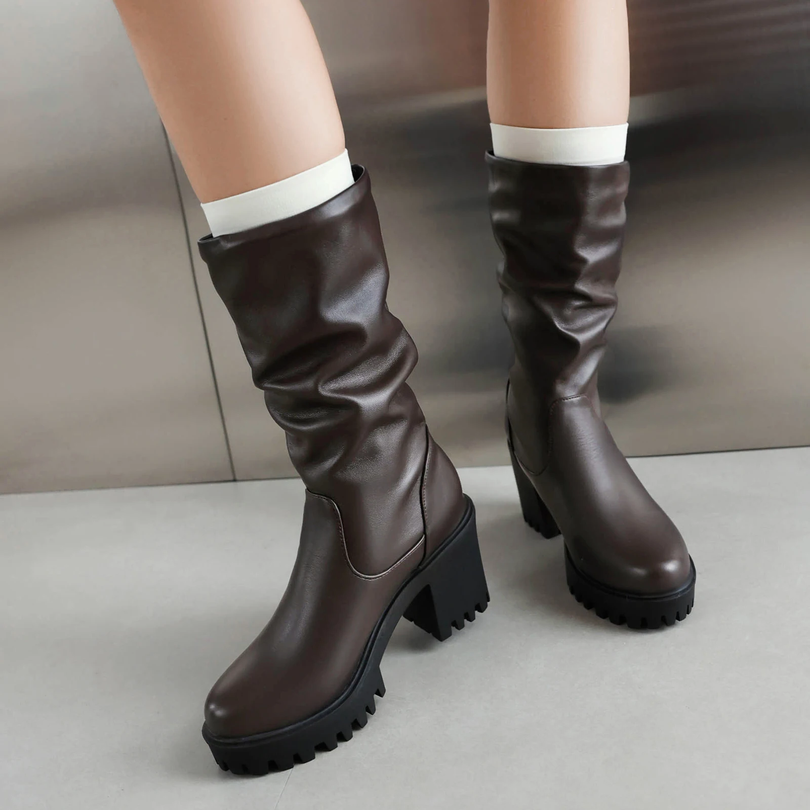 Waterproof Platform Ultra High Thick Heel Slip-On Women's Elastic Boots Soft Top PU Material Autumn New Mid-Calf Boots