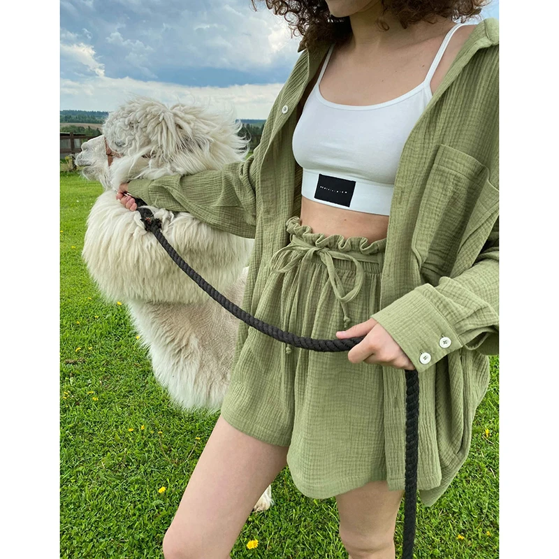 plus size pjs Yiyiyouni Solid Long Sleeve Tops High Waist Pants Women Casual Shirt and Shorts Two Piece Set Female Black White Loose Suit 2022 plus size sweat suits Women's Sets