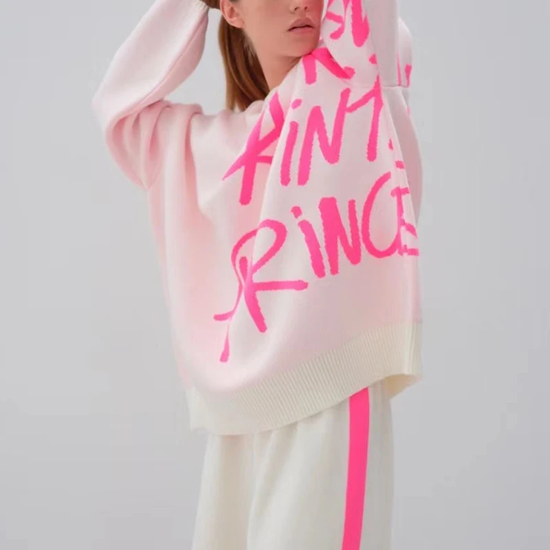 

PASSIONNÉ Knitting Print Sweater for Women O-neck Long Sleeve Hit-color Loose Pullovers Female Casual Fashion 2023 Autumn New