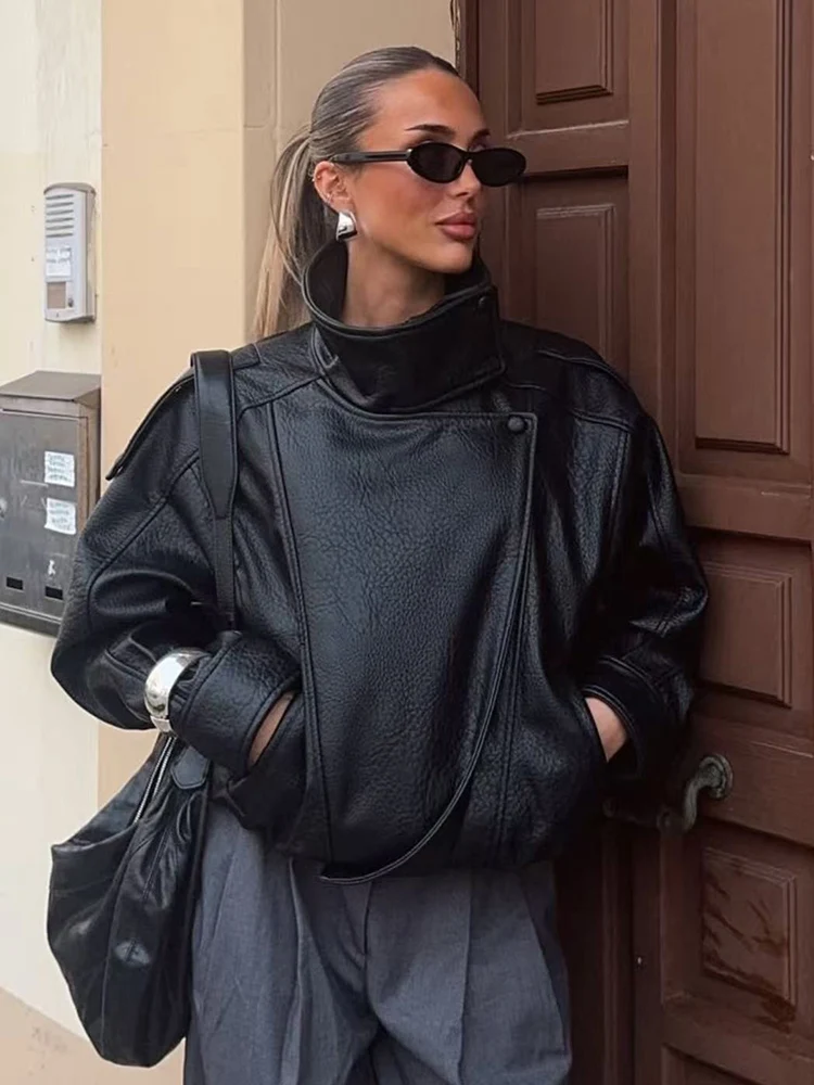  2025 Fall New Women PU Jacket Black Long Sleeve Oversize Faux Leather Zipper Jacket Motorcycle Style Personality Fashion Lady