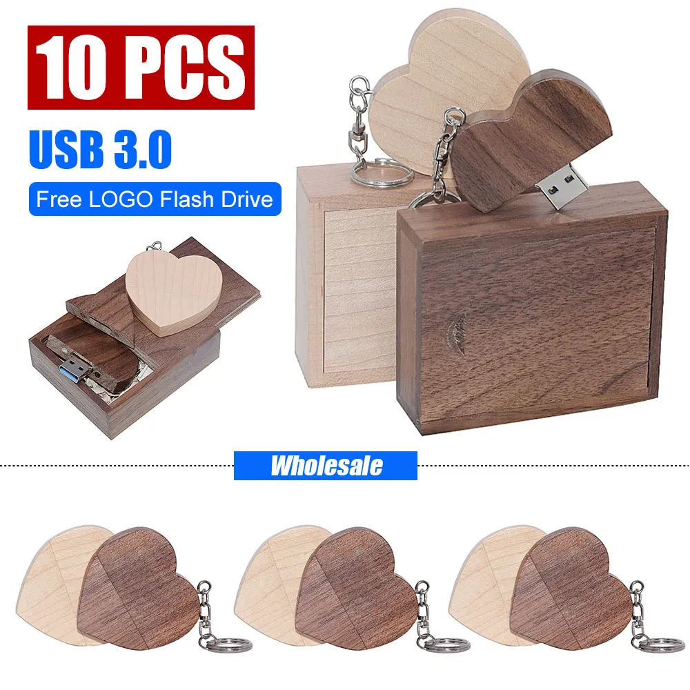 

10pcs Free custom logo Walnut wooden heart + gift box USB3.0 flash drive Creative Pendrive 8GB 16GB 32GB 64G Memory stick U disk