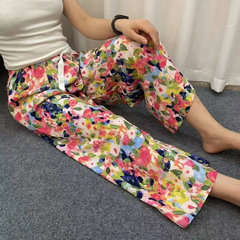 Damen-Schlafhose, lässige, bequeme Hose mit Blumenmuster, wadenlang, Jogginghose, Strandhose mit elastischem Bund_voghion.com