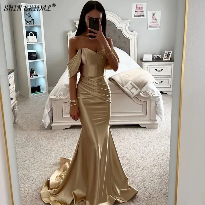 

SHIN BRIDAL Off the Shoulder Smooth Stain Evening Dresses for Women Floor Length Backless Mermaid Short Sleeves Wedding Dresses