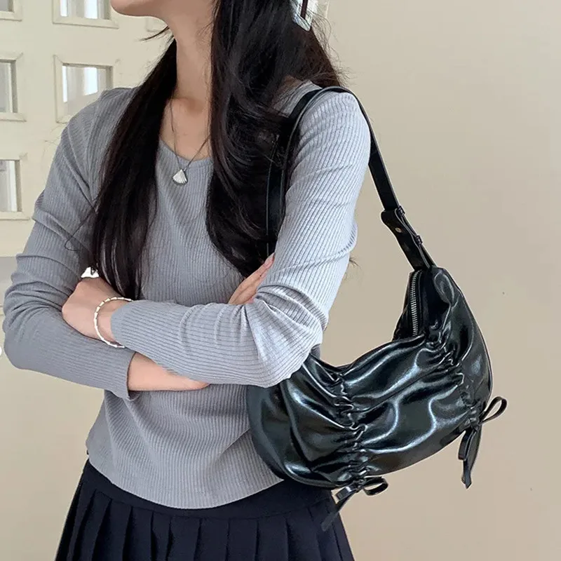 Chic Designed Draw String Shoulder Bags For Women 2024 Solid Simple PU Underarm Bag New Summer Office Lady Totes Bolsa Mujer