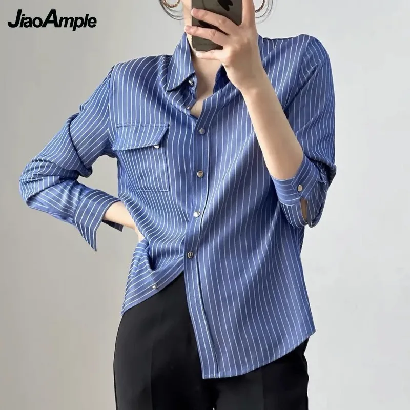 2022 Spring New Women's Blue Shirts Office Lady Fashion Stripe Single Breasted Long Sleeve Blouse Polo Collar Tops Female blouses aztec geometric lace up twist blouse in blue size l m s xl