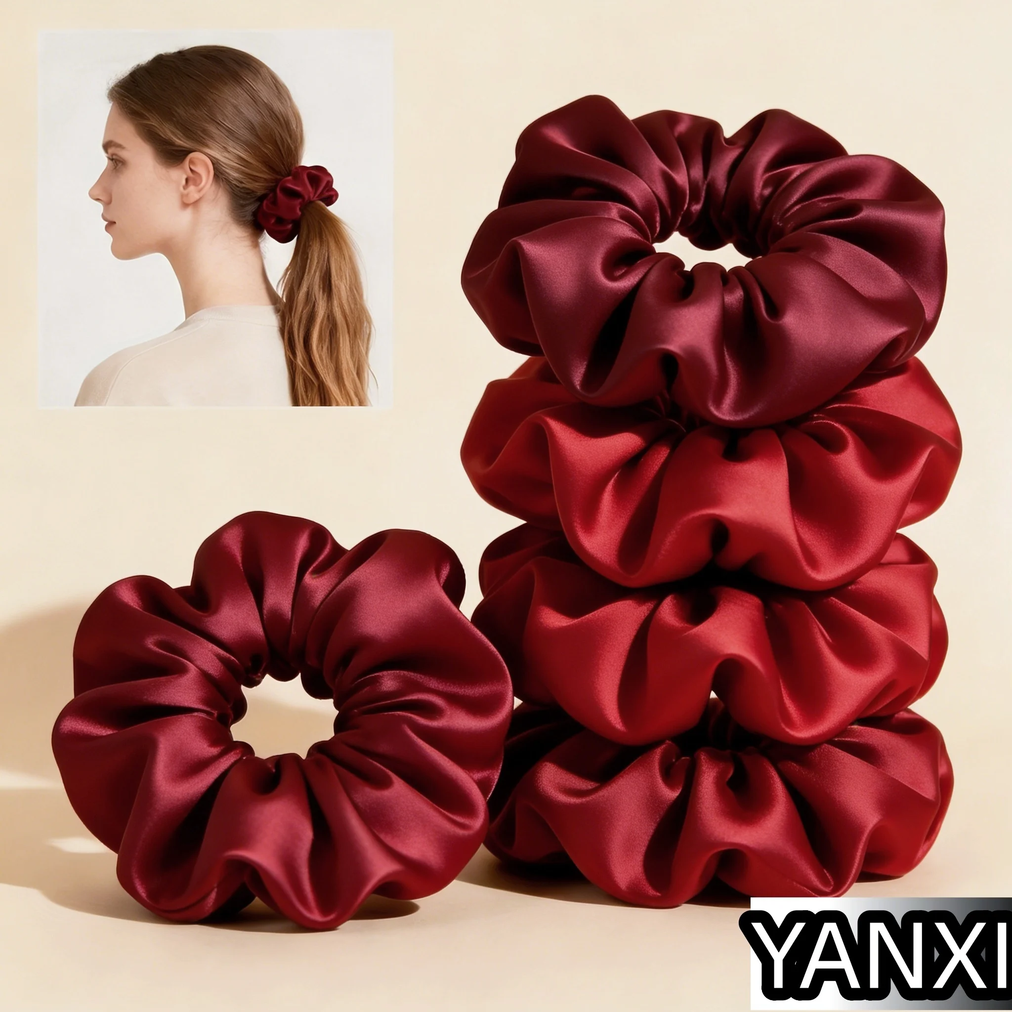 1/60/100/12/24 Stück weinrote Satin-Haargummis für Damen, elastische Haarbänder, geeignet für Pferdeschwänze, lässige Accessoires, Kopfbedeckung, niedlich – Detail 1