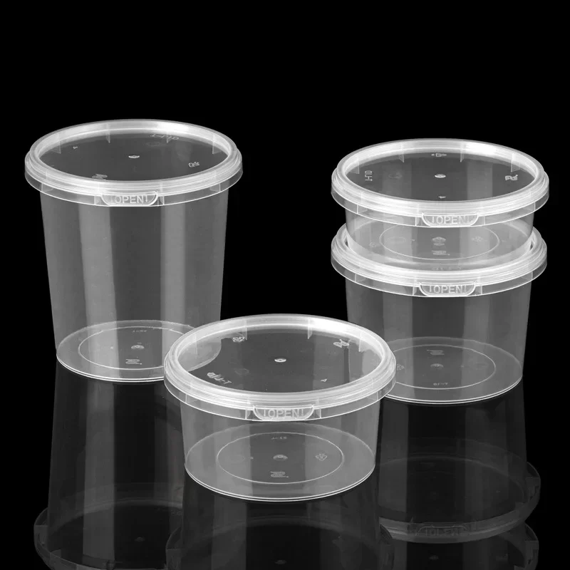 Disposable Takeout Plastic Soup Bowl with Lid Transparent Seasoning Box round Food Container Fruit Salad Plastic Bowl with Lid