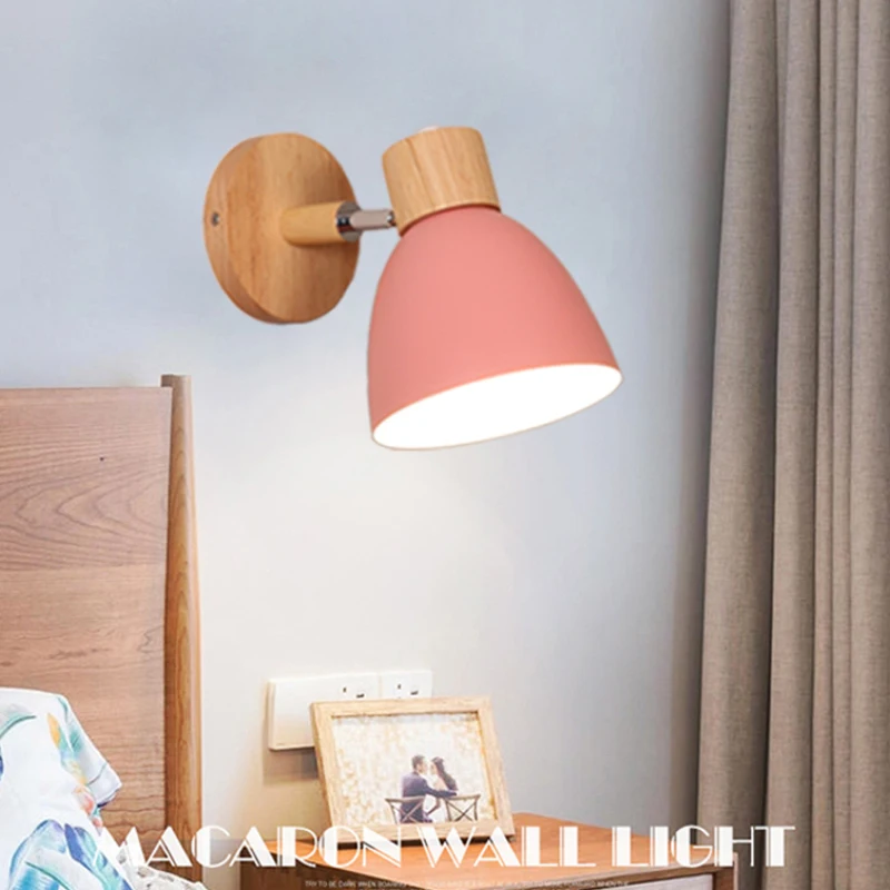 Nordic Wall Lamp Wooden Wall Sconce For Bedroom Living Room Home Lighting E27 Macaroon Bedside Wall Light With Switch Home Decor 3