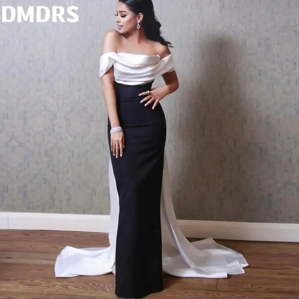 

Satin Evening Dress Mermaid Off Shoulder Black and White Prom Dress Ladies Seaside Party Gala Robe De Soirée
