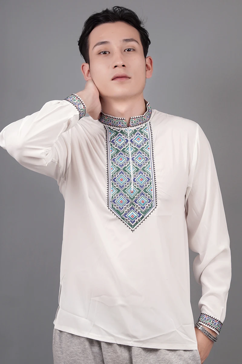Chinese Xinjiang Uyghur Traditional Long-sleeved Embroidered Top Stand Collar T-shirt for Men Women Tshirt Tees Shirt Blouse