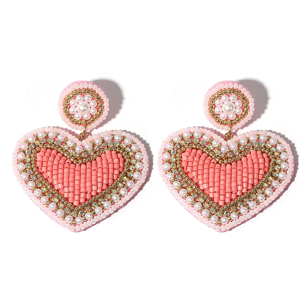 Elegant Handmade Pink Heart Drop Earrings Lovely Seed Beads Dangle Earrings for Women Girls Valentine's Day Jewelry Accessories