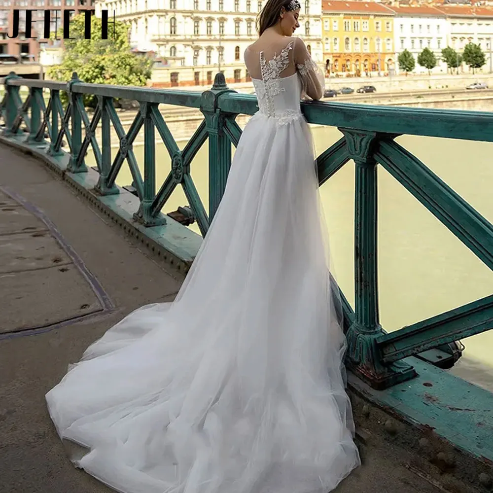 JEHETH Classic Side split Pull Puff Sleeves Wedding Dresses 2024 Boho A-Line Tulle Bridal Gown Button Custom Made Robe De Mariee
