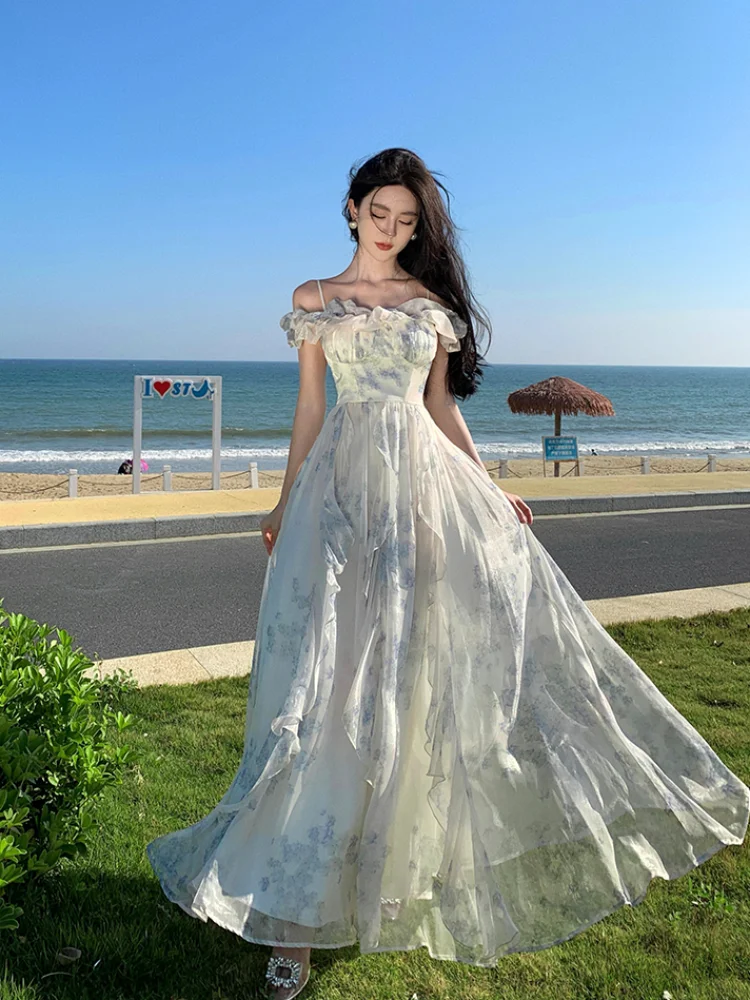 

French Vintage Bohemian Beige Print Ruffles Slip Long Dresses Summer Elegant Lady Off Shoulder Party Evening Dress Vestidos Robe