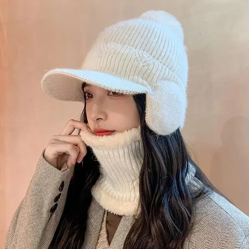 Women Winter Earflaps Wool Knit Hat Solid Color Big Pompom Plush Warm Baseball Cap Ladies Girl Sport Riding Ear Warmer Bonnet