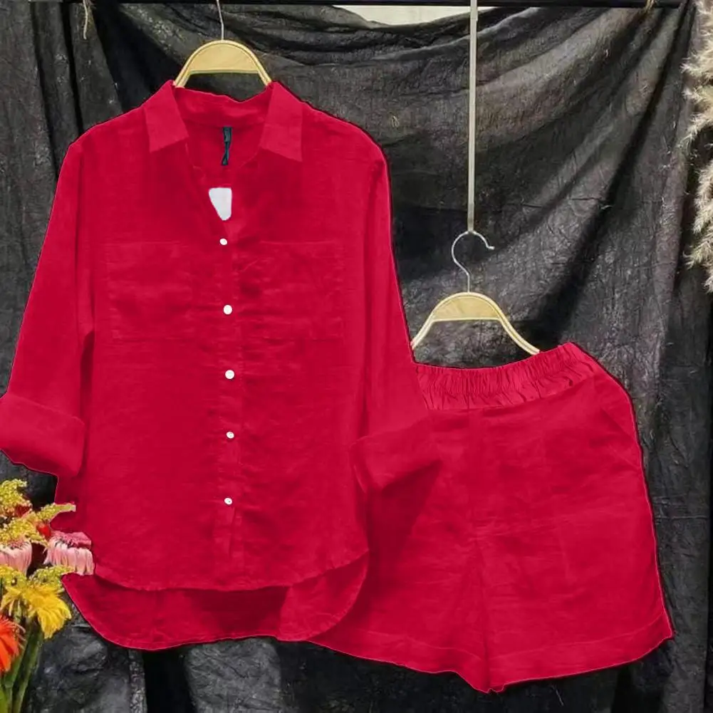 2 Pcs Women Shirt Shorts Set Solid Color Summer Office Ladies Blouse Shorts Set Long Sleeve Irregular Hem Loose Casual Outfit