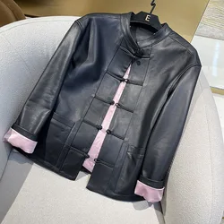 2024 Women Stand Collar Chinese Plate Button Soft Lambskin Genuine Leather Jacket E49