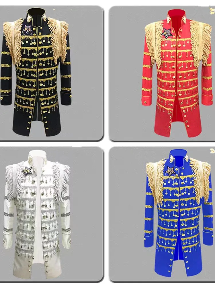 

Men's Royal Style Middle Long Tassel Jacket Stage Show Rock Singer Dancer Performance Coat Party Theme Chorous Formal Dress