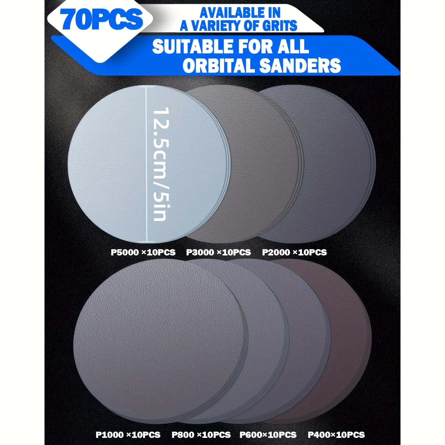 Disques abrasifs 125mm de différentes granulométries, du grain 400 au 5000, pour poncer bois et métal.