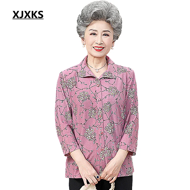 

XJXKS Fashion Lapel Women's Shirt 2023 Spring Summer Autumn New Loose Oversize Single-breasted Cardigan Middle-aged Elderly Tops