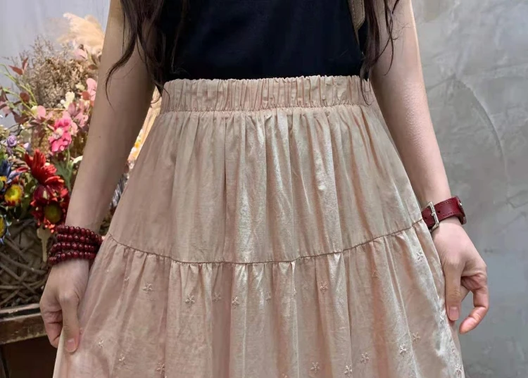 Ladies Skirt 2022 Summer Embroidery Cotton Linen Casual A line Hollow Out Casual Thin Long Skirt Female YoYiKamomo golf skirt