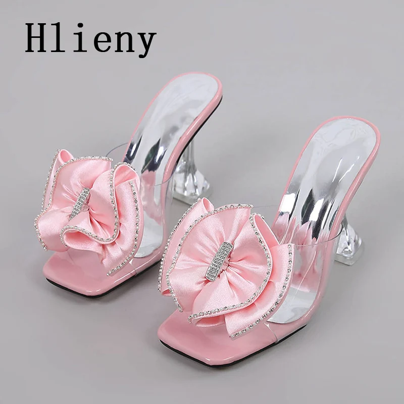 

Hlieny Summer Fashion Pink Crystal Flower Square Toe Slippers Stripper High Heels Mule Slides Women Party Sexy Sandals Shoes