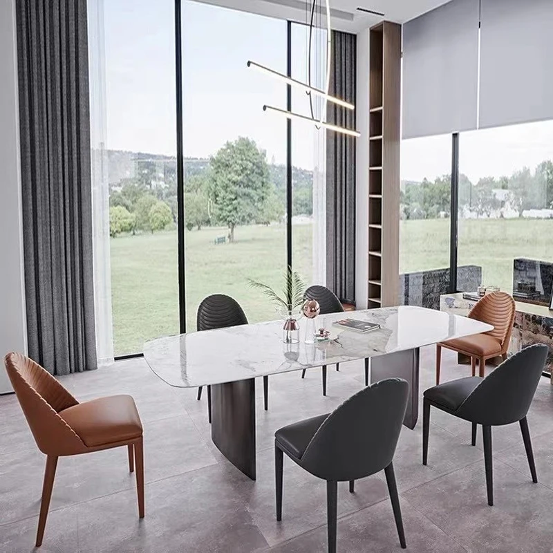 

Italian rock plate luxury stone dining table Italian minimalist light luxury small family rectangular bright Pandora family dini