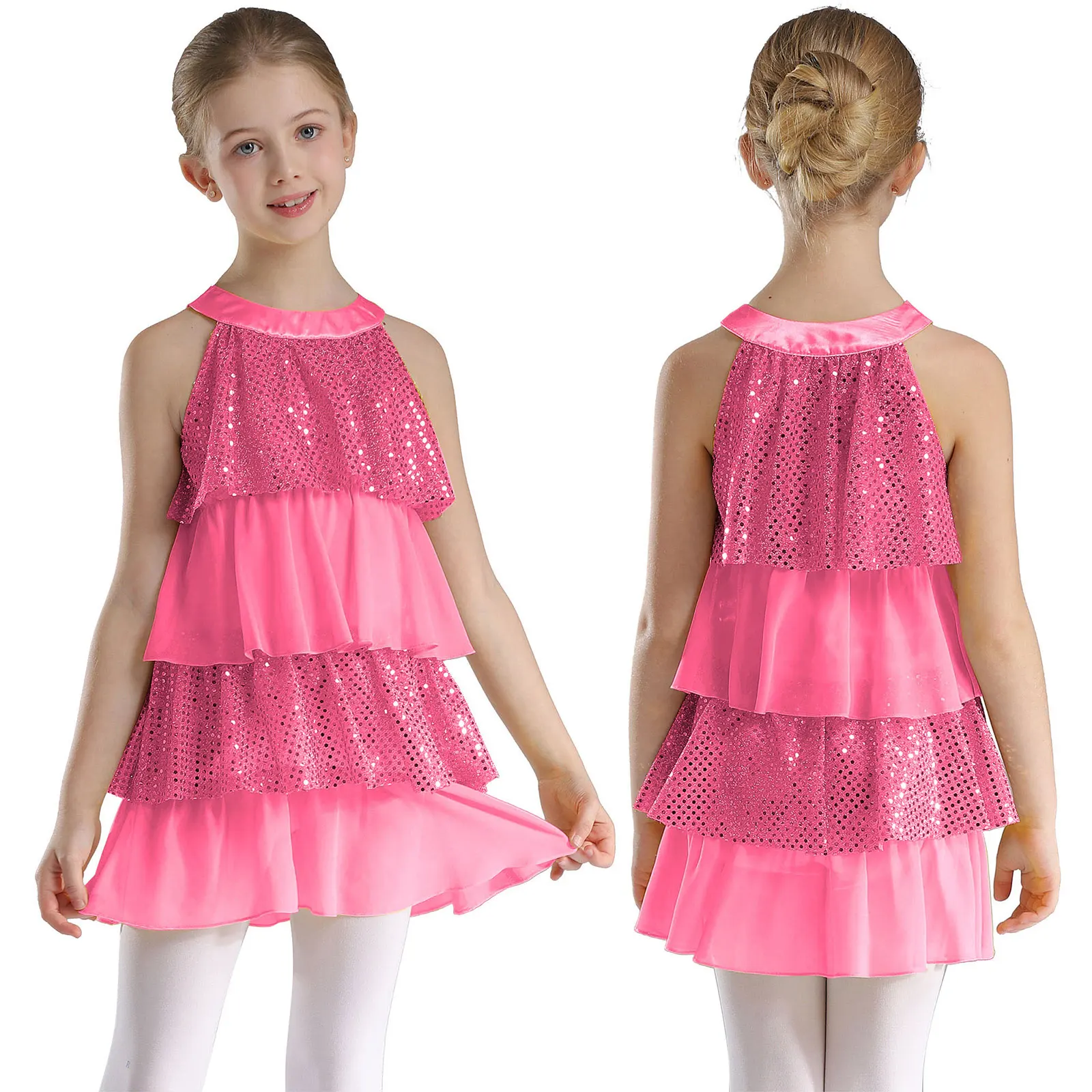 thumbnail image 1 of Niños Niñas lentejuelas brillantes moderno Jazz baile latino traje de actuación escalonado vestido con volantes Patchwork A-Line Ballet Unitards vestido, 1 of 5