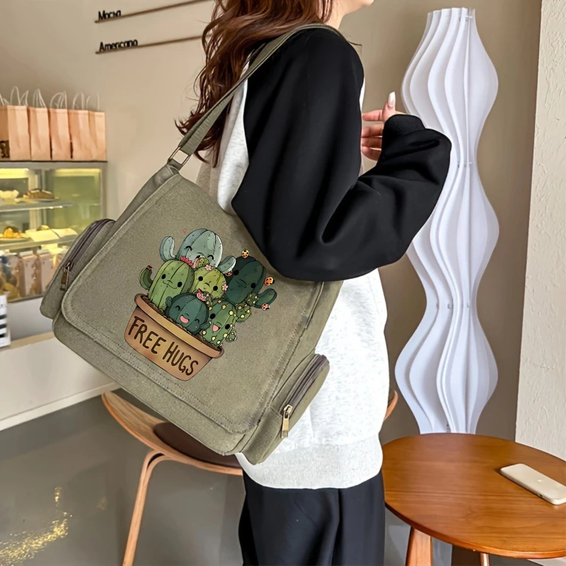 Playful Women's Shoulder Bag Cute Cactus Print Canvas Messenger Bag Large Capacity Women's Crossbody Bag