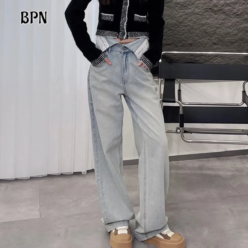 

BPN Casual Solid Jeans For Women High Waist Patchwork Pockets Minimalist Loose Wide Leg Denim Trousers Female Fashion Clothing