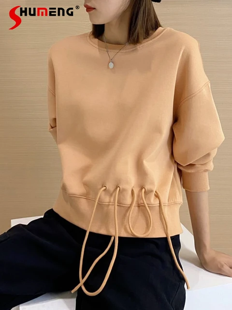 Однотонный простой пуловер, свитшот для женщин, Новинка осени 2022, корейский дизайн, блестящее пальто с кулиской, женская спортивная одежда 1