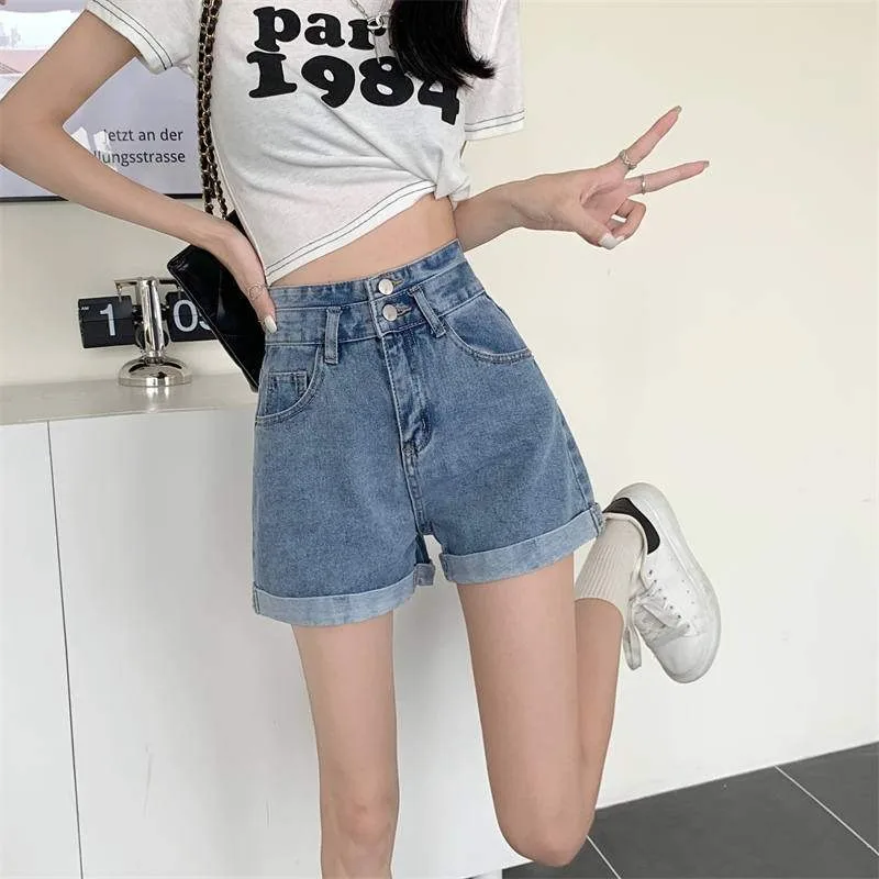 High-waist denim shorts side view