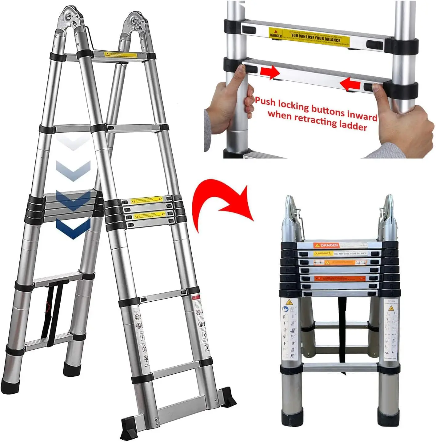 Stabilizer bar and non-slip feet of ladder