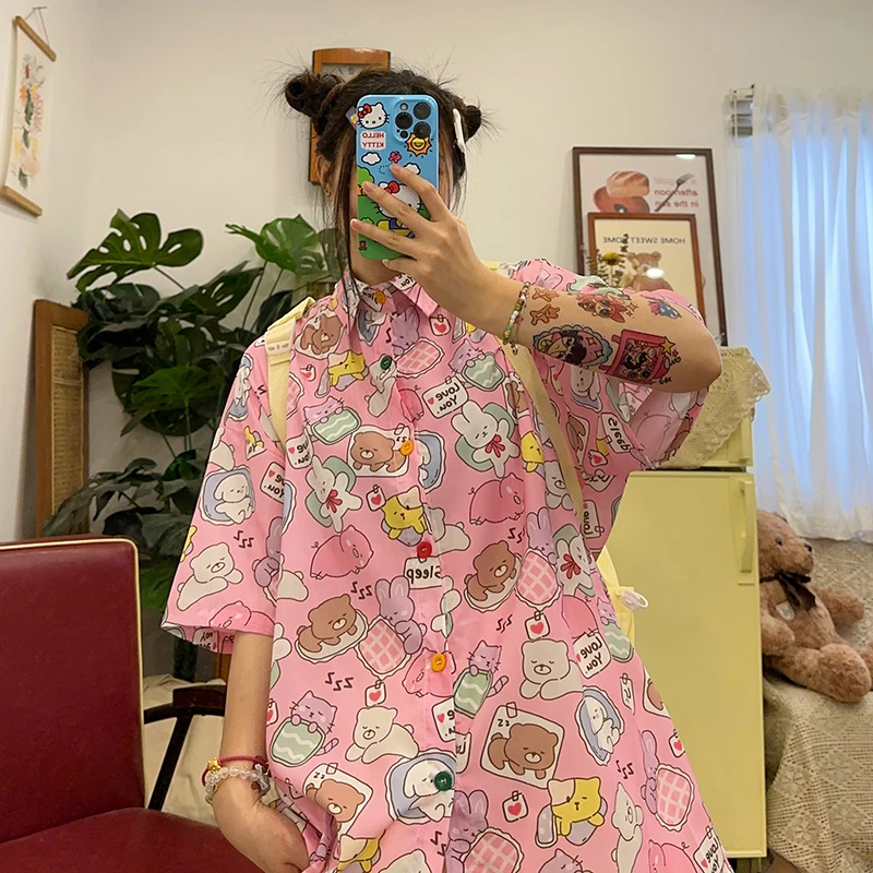 Homemade Soft Girl Cute Girl Animal Vintage Print Loose Short Sleeve Shirts Summer New