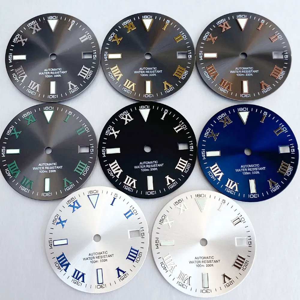 Grey Silver Sunburst 29mm Watch Dial with Roman Numerals and Multi-Colored Hand Set