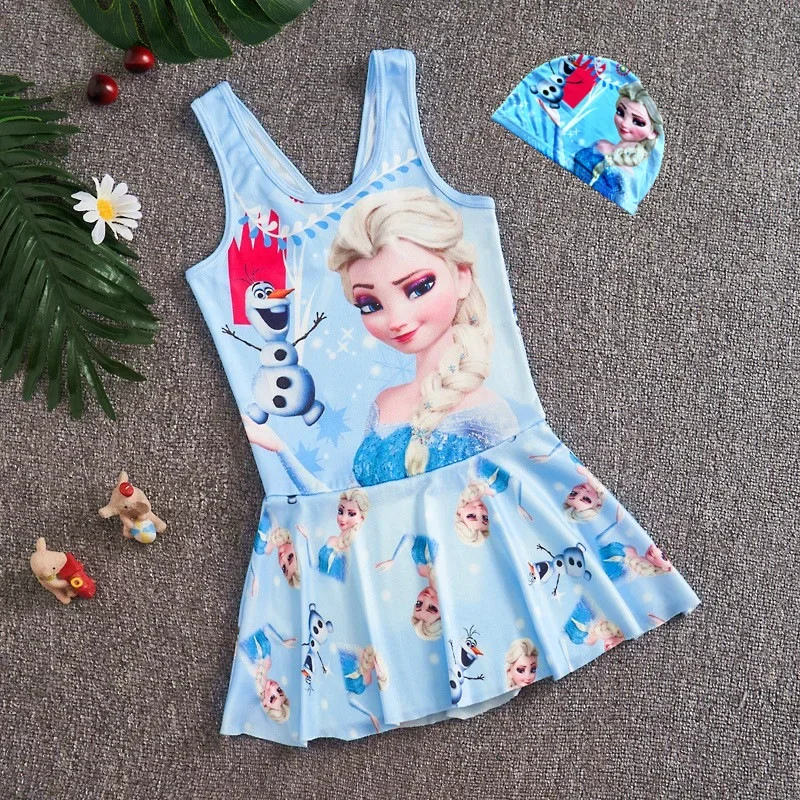 Baby Girls Swimsuit One Piece Bodysuit With Hat Children Swimwear Cartoon Elsa Olaf Kid Skirt Lovely Bikini Bath Suit Beach Wear children swimwear