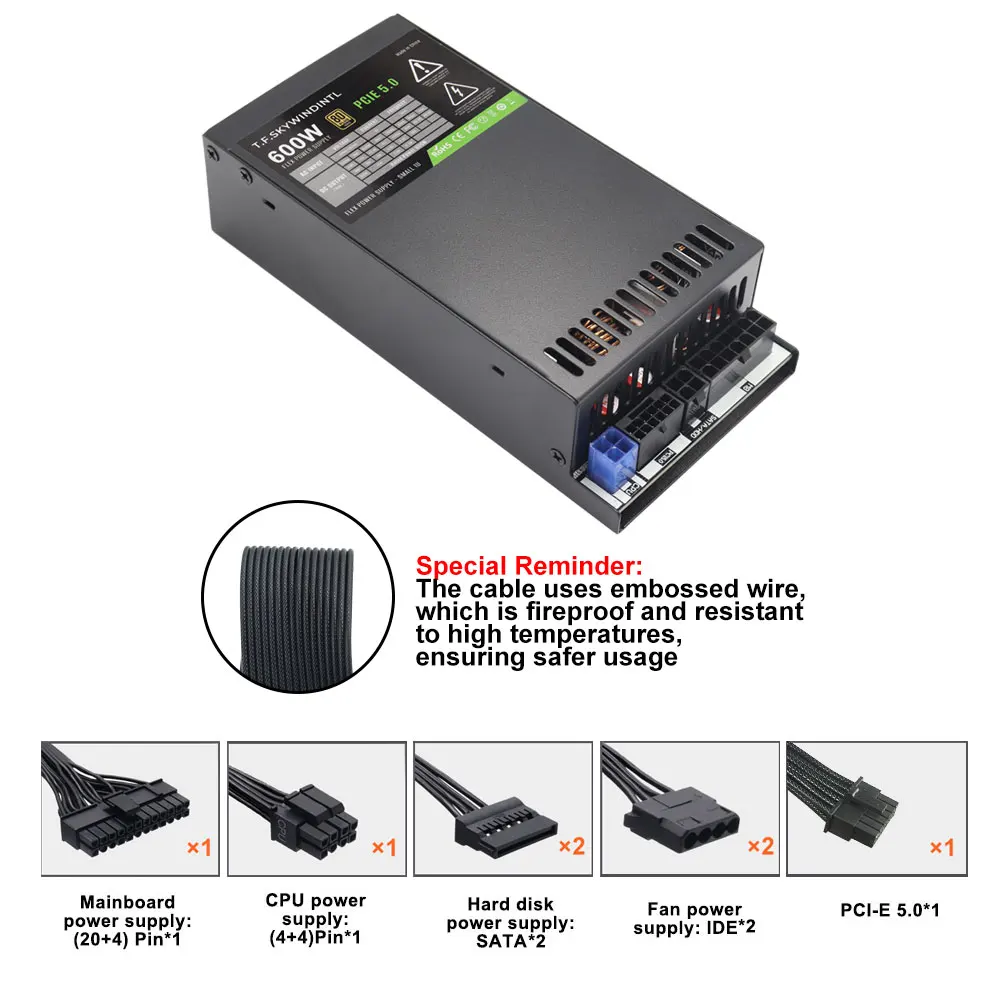 1개 600W 전원 공급 장치 PCIE-5.0 풀 전압 POS AIO 시스템용 소형 1U 플렉스 ITX 600W ATX 전원 공급 장치 EU/UK/US 케이블 포함