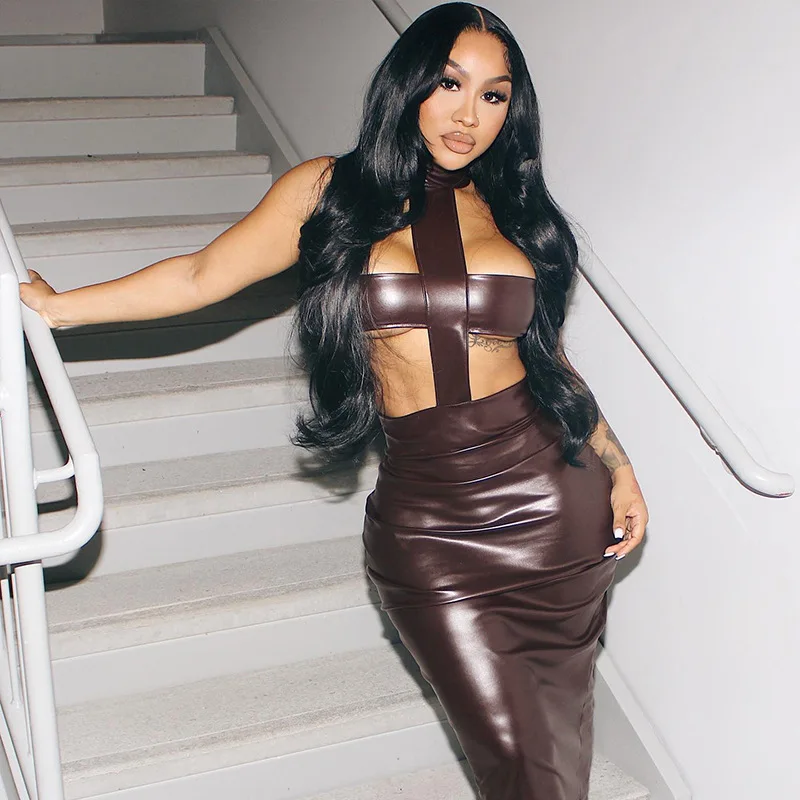 

Coffee PU Leather Bodycon Dress Women Sleeveless Cut-out Cross Mid Dress Party Sexy Lady Hollow Out Split Leather Dress Summer