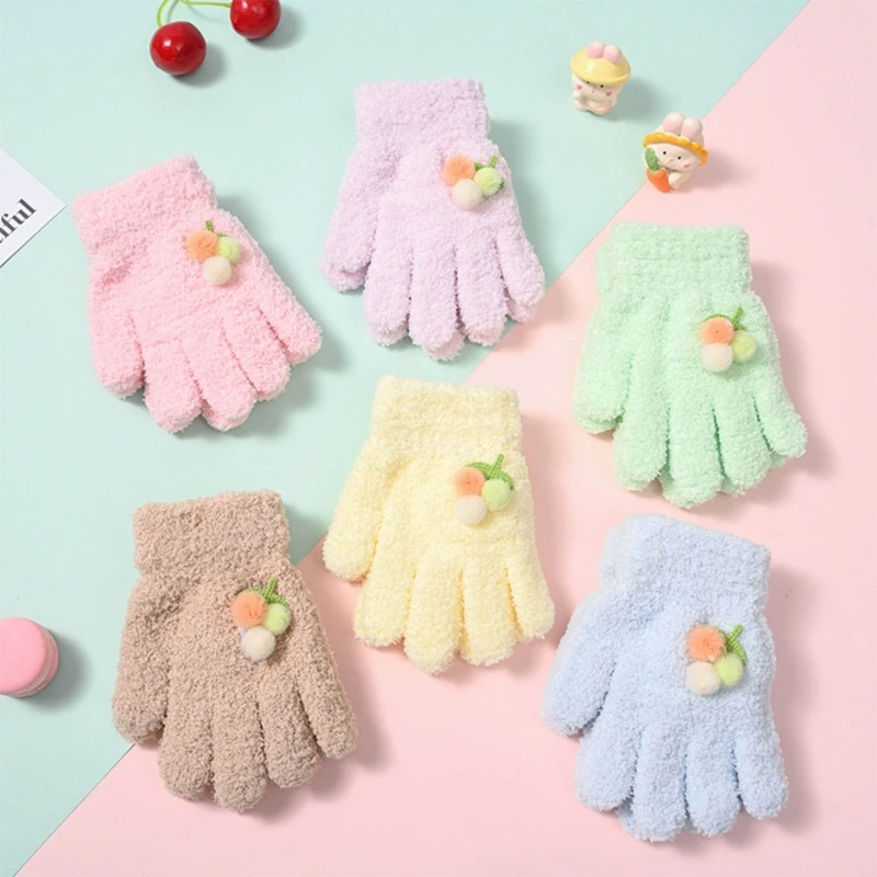 

Winter Coral Fleece Kids Short Gloves Thicken Children Baby fruit Plush Furry Full Finger Mittens Autumn Hand Warmer For 3-6Year