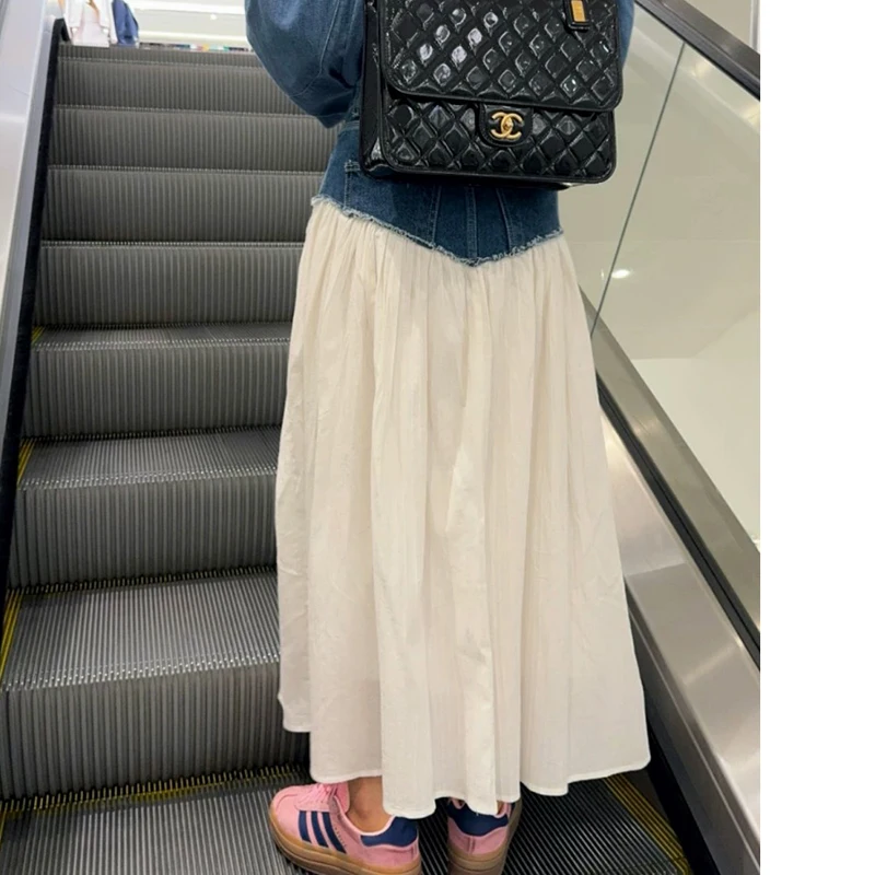 Summer Jeans Patchwork A-Line Skirts Women 2024 Summer Midi Skirts Ripped Tassel Pocket Denim Skirts Black White Holiday Skirt
