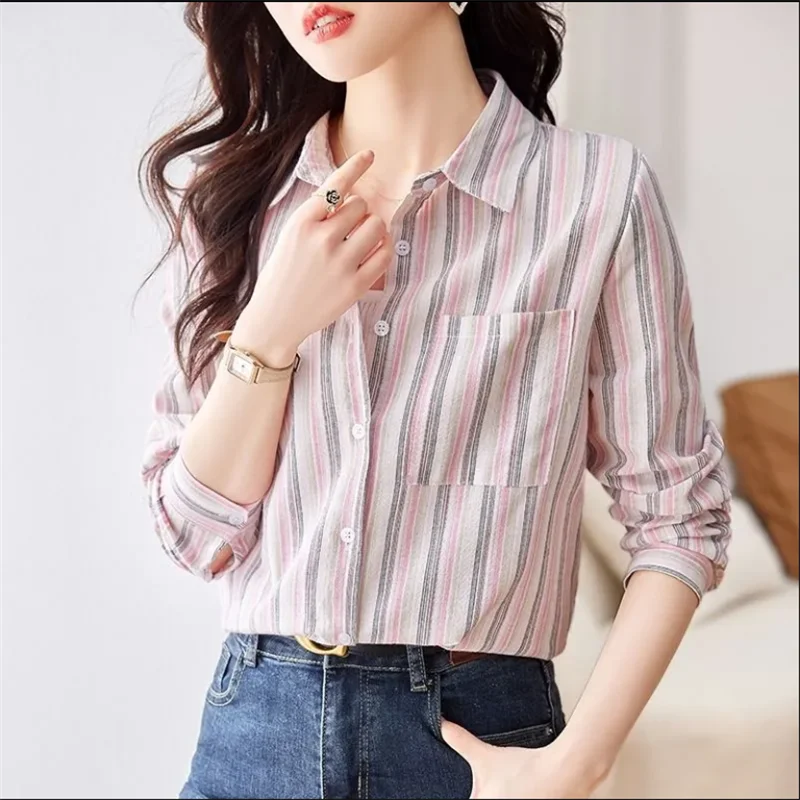 

Women Blouses Elegant Vertical Striped Shirt Simple Woman Clothes Shirt Button Pocket Top Spring Cotton Shirt Basic Female Blous