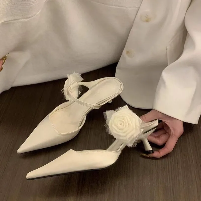 Elegant Woman Sandals High Heeled Sweet Rose Closed Toe Footwear Summer Slingback Pointed Fashion Dress Ladies Designer Shoes