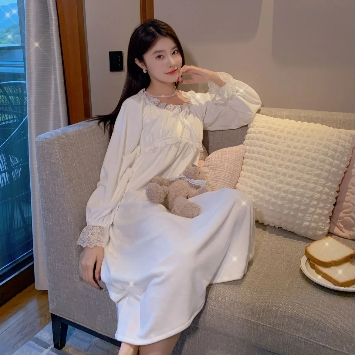 

Осенне-зимняя кружевная пижама с длинным рукавом и круглым вырезом, женская ночная рубашка, одежда для отдыха, одежда для сна, ночная рубашка, повседневное домашнее платье