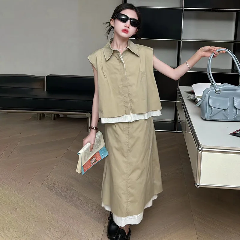 

Summer Girls Clothes Fashion Fake Two Piece Shirt Tops Skirt Set for Kids Khaki Teenage School Children Costumes 12 13 14 Years