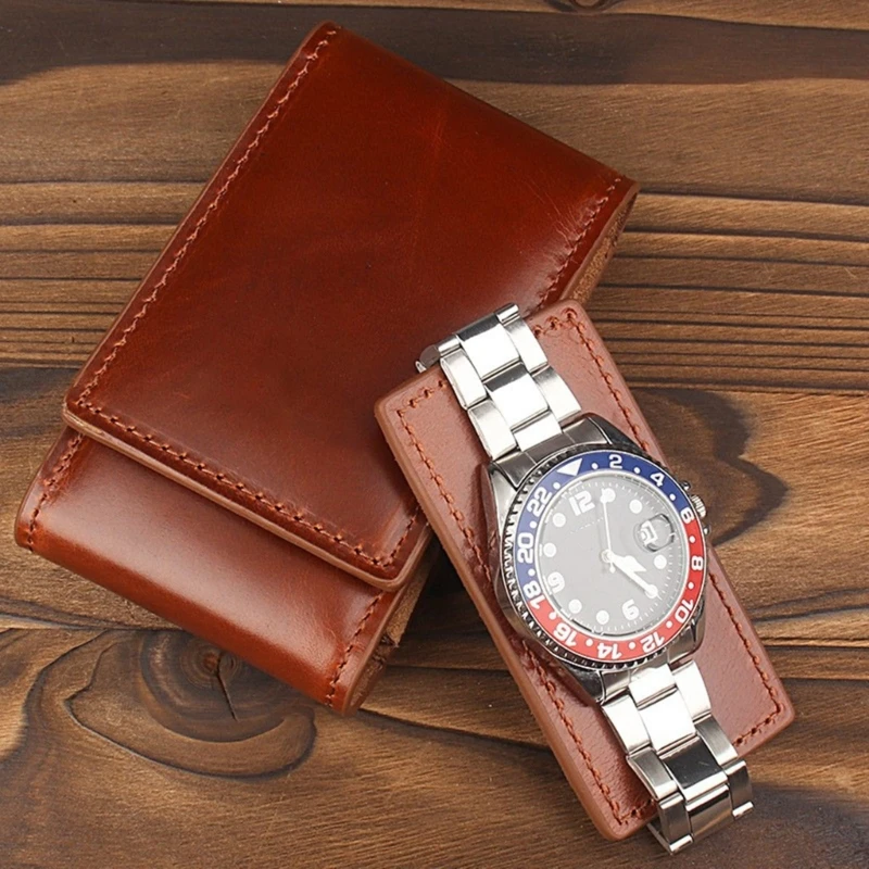 

Handmade Cowhides Travel Watch Rectangle Box Portable Pull Out Wristwatch Holder Watch Display Cases for Men Adults E0BE