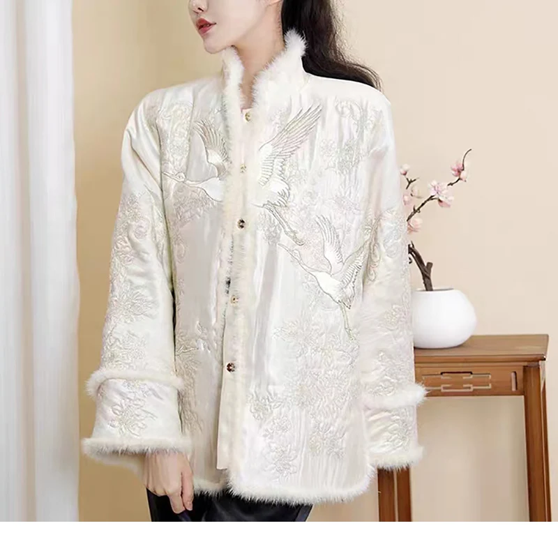 

Winter New Silk+Rayon Fabric Chinese Style Embroidery Crane Woman Coat Long Sleeve Spliced Mink Hair Cotton Jacket S-XXL