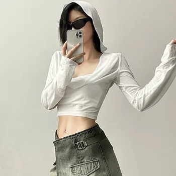 Women Spring Autumn Long-sleeved Shirring Hoodies Short Style Casual Pullovers Sunscreen Sweatshirts New Fashion Sexy Slim Tops