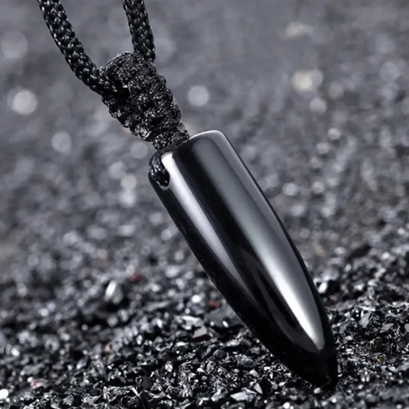 Natural Obsidian Bullet Pendant Rope Chain Men Necklace Fashion Pendant Punk Rock Style Men Jewelry